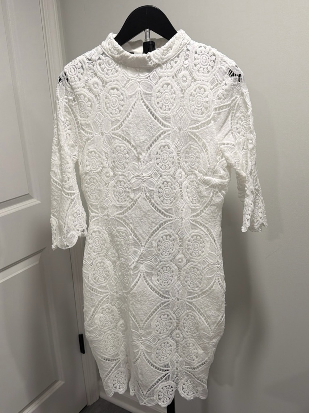 High-Neck White Lace Midi Dress with Three-Quarter Sleeves